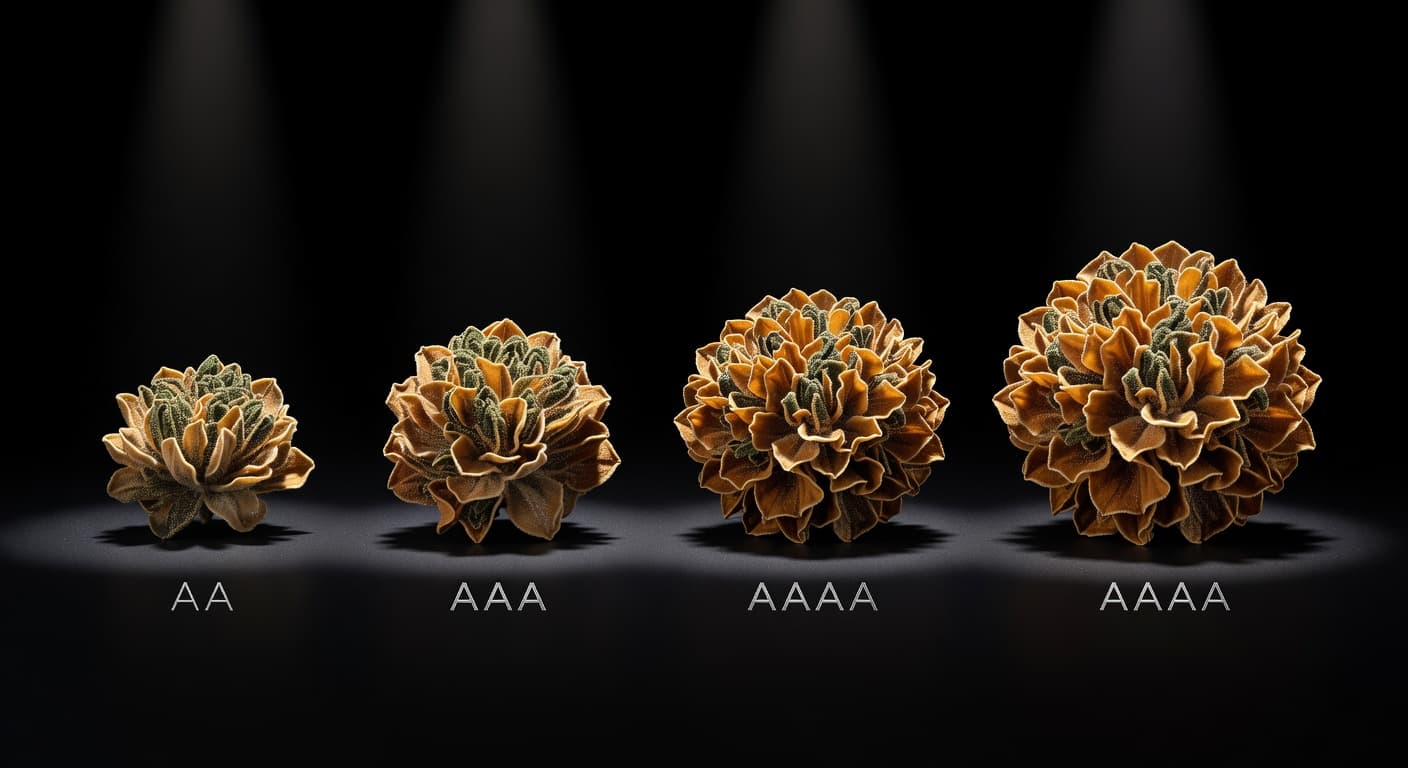 Four cannabis buds showing quality progression from AA to AAAA — weed grades explained