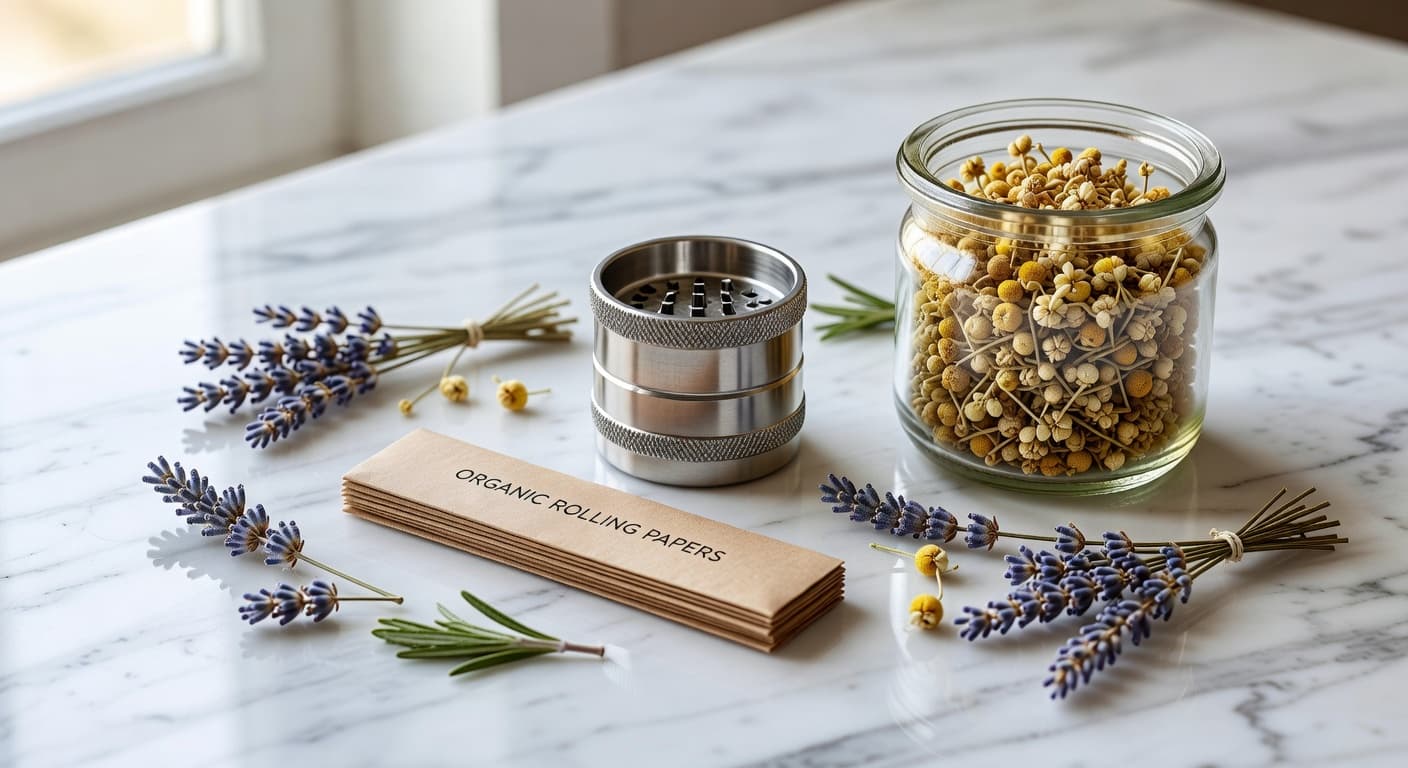 Cannabis starter kit with grinder, papers, and flower — complete beginner guide