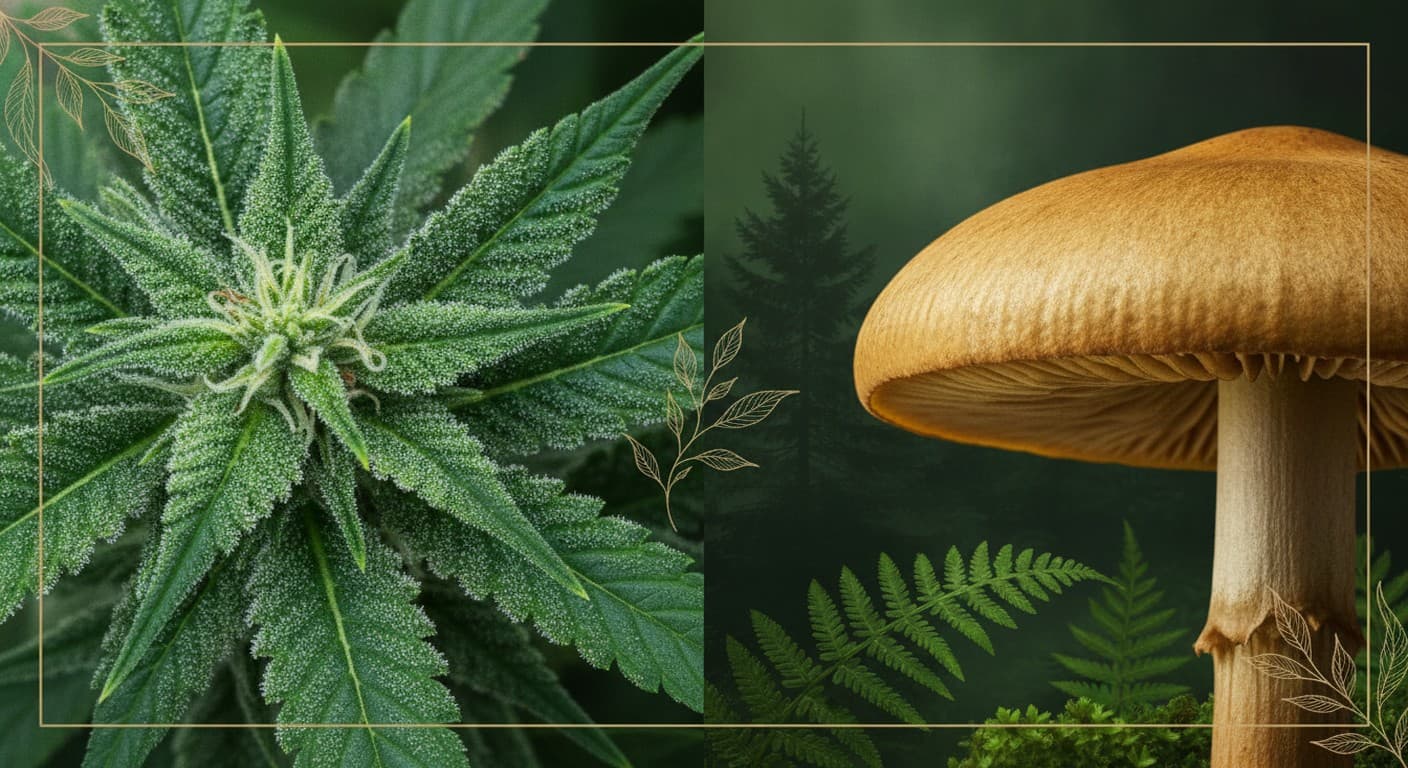 Split illustration comparing a cannabis leaf and a psilocybin mushroom against a botanical background