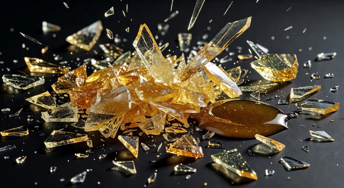Golden shatter breaking apart with crystal clear detail — cannabis concentrates guide for beginners