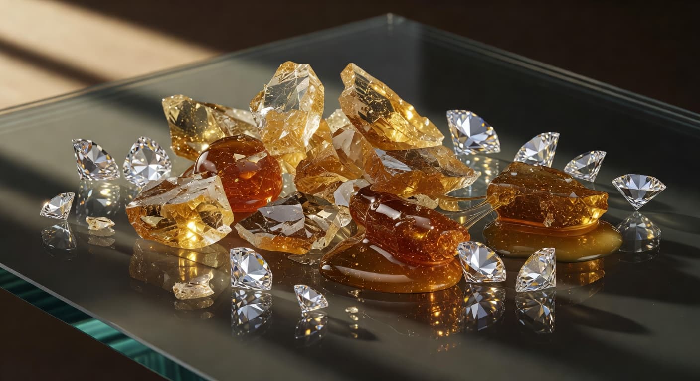 Golden shatter, live resin, and diamonds on dark glass — cannabis concentrates guide