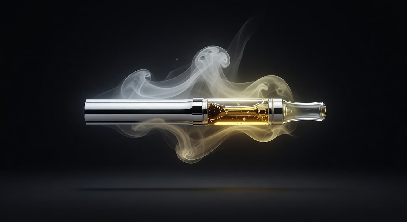 Modern vape pen with cartridge and vapor clouds — cannabis vape cartridge guide