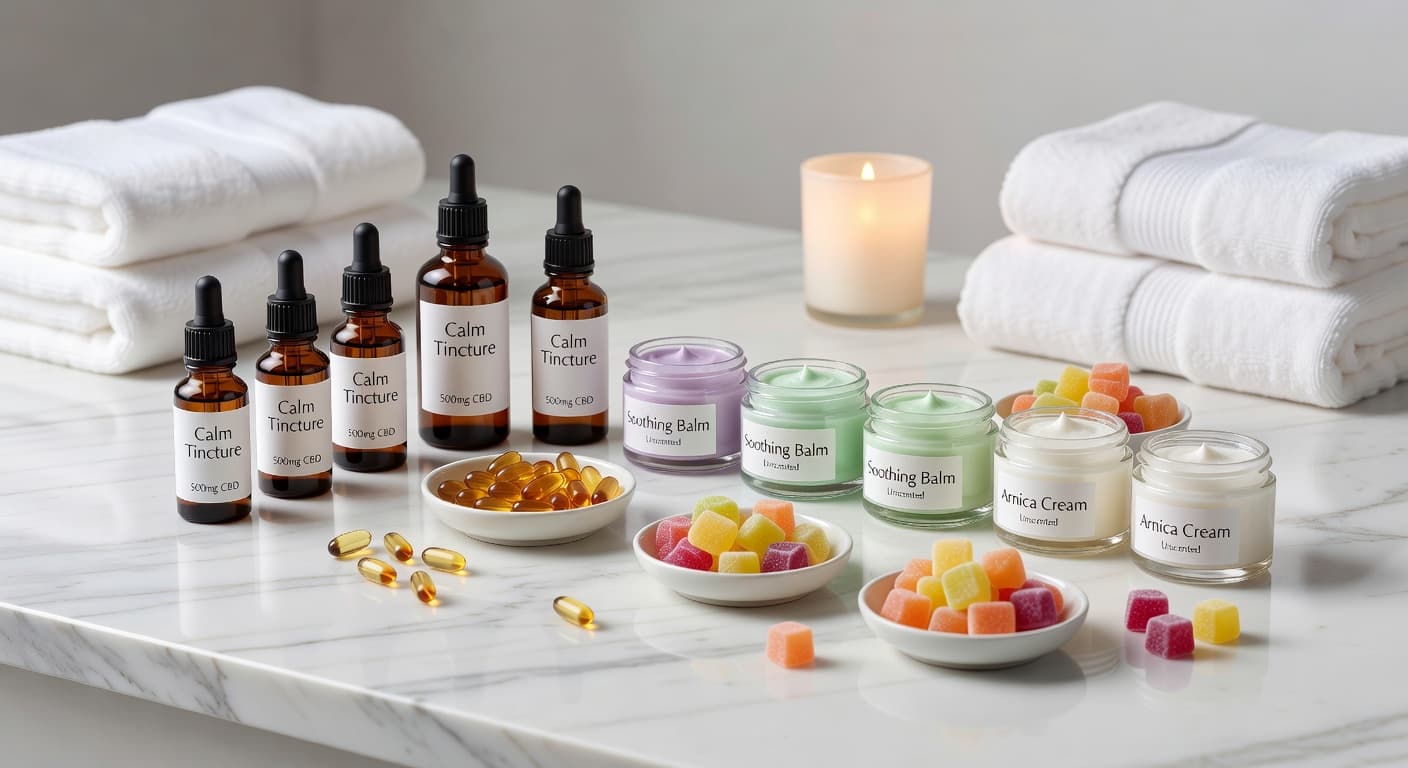 CBD oils, capsules, topicals, and gummies on marble surface — CBD products benefits guide