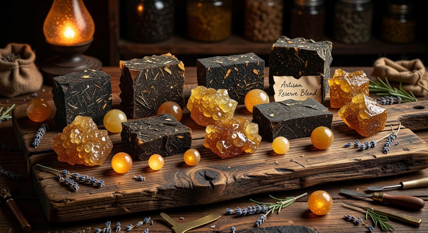 Premium hashish varieties on wooden board including pressed hash, bubble hash, and temple balls — ultimate hash guide