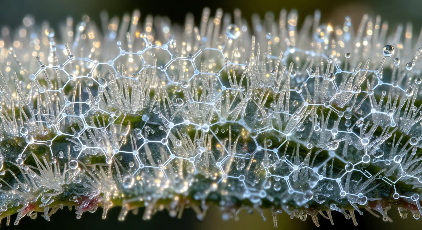 Macro trichome photography with myrcene molecule overlay — myrcene terpene deep dive