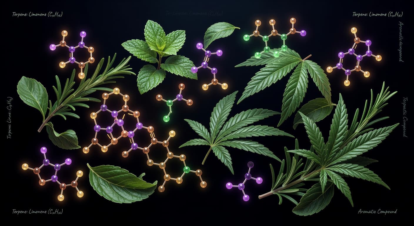 Colorful artistic illustration of terpene molecules floating among botanical leaves with glowing molecular structures