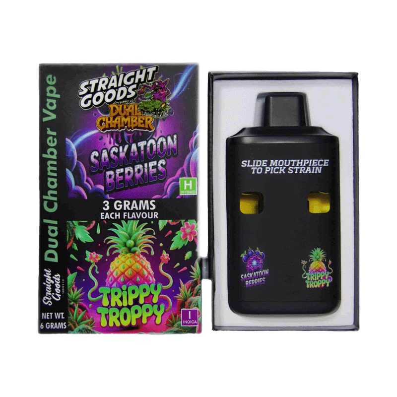 STRAIGHT GOODS Dual Chamber 6G Disposable THC Vape (Saskatoon Berries (H) + Trippy Troppy (I))