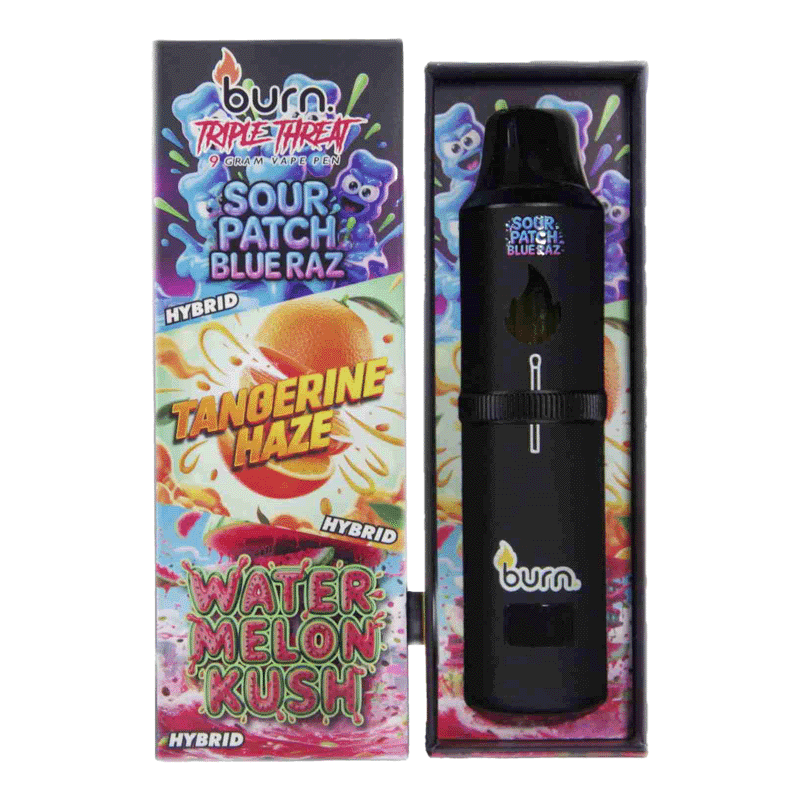 Burn Triple Threat 9g Disposable THC Vape (Sour Patch Blue Raz (H) + Tangerine Haze (H) + Watermelon Kush (H))