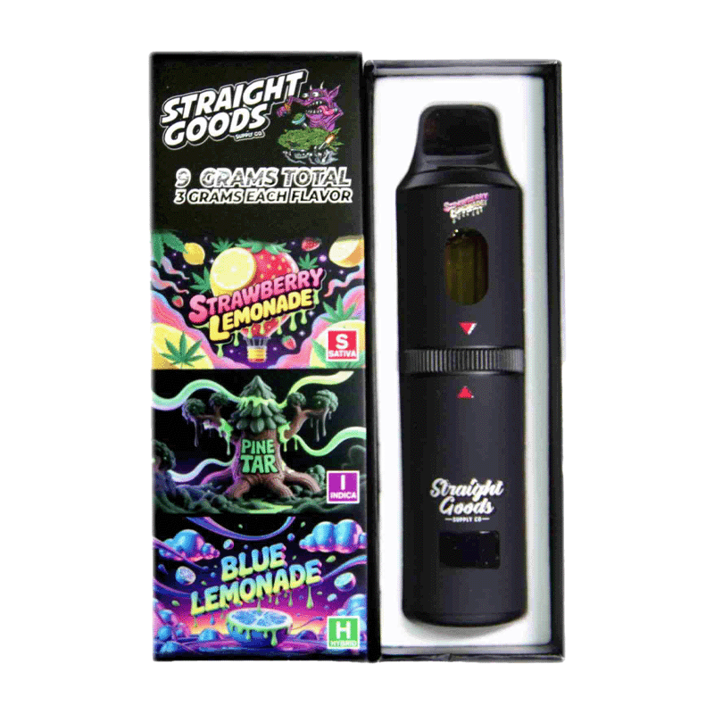 STRAIGHT GOODS Triple Chamber 9G Disposable THC Vape (Strawberry Lemonade (S) + Pine Tar (I) + Blue Lemonade (H))