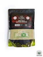 Front view of Earth Kratom Red Hulu Kapuas 1/2 kilogram organic powder bag featuring clear product branding and Earth Kratom logo.
