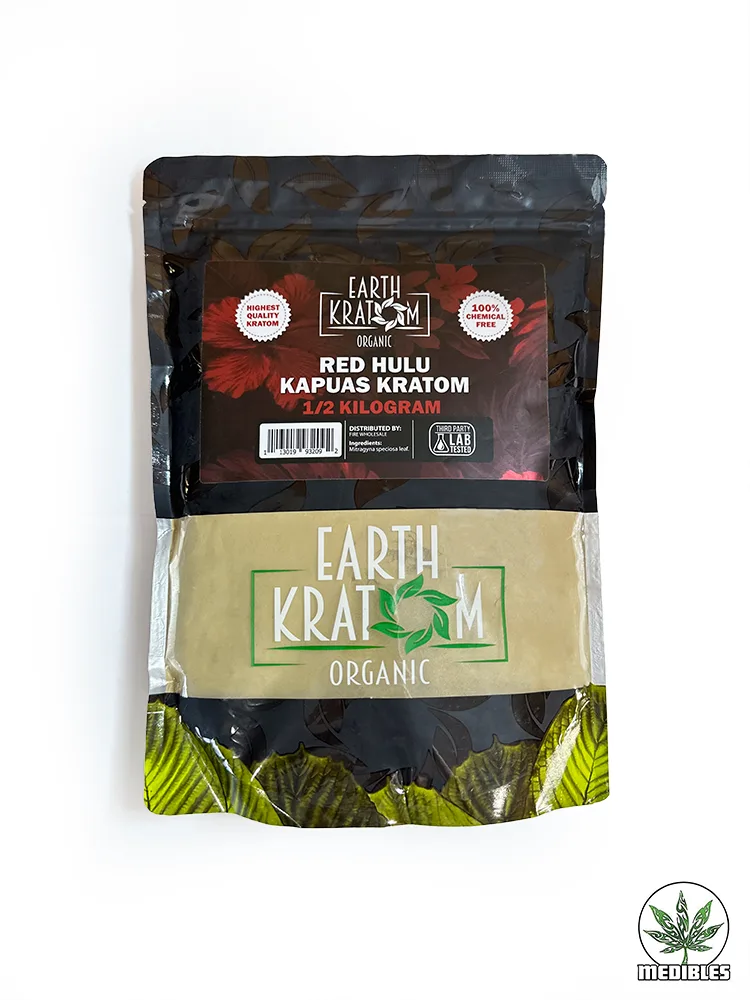 Front view of Earth Kratom Red Hulu Kapuas 1/2 kilogram organic powder bag featuring clear product branding and Earth Kratom logo.