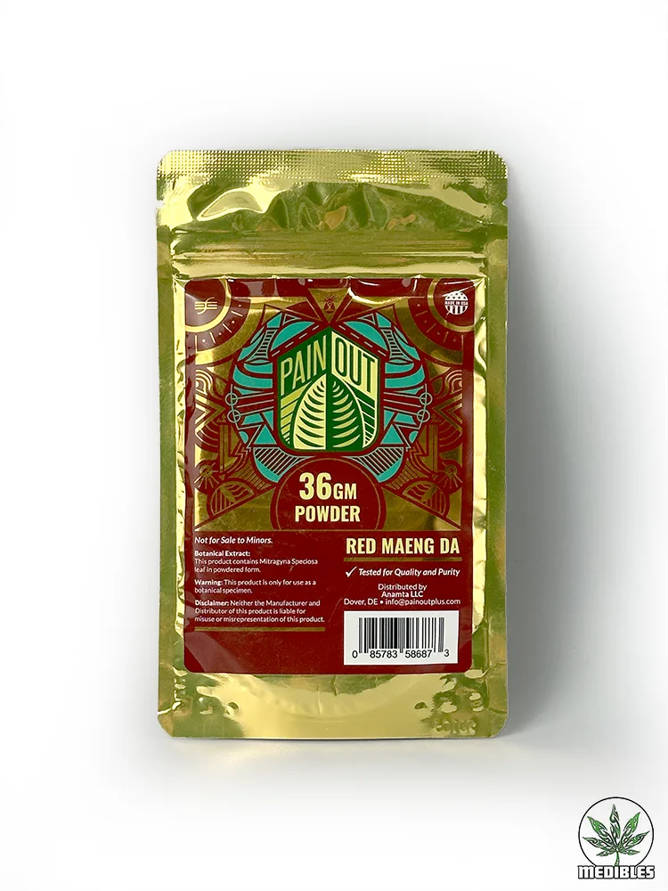 Front-facing pouch of Pain Out Red Maeng Da Kratom Powder 36g with gold foil packaging, product label, and Medibles logo beneath.