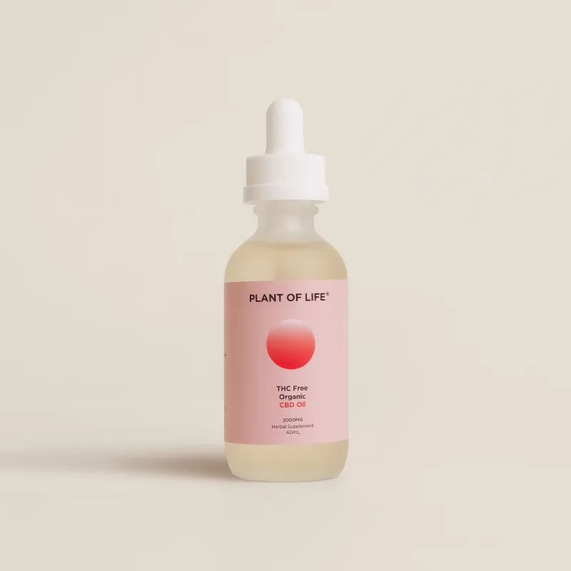 Minimalist bottle of Plant of Life THC-Free Organic CBD Oil with a pink gradient label, dropper cap, and neutral background