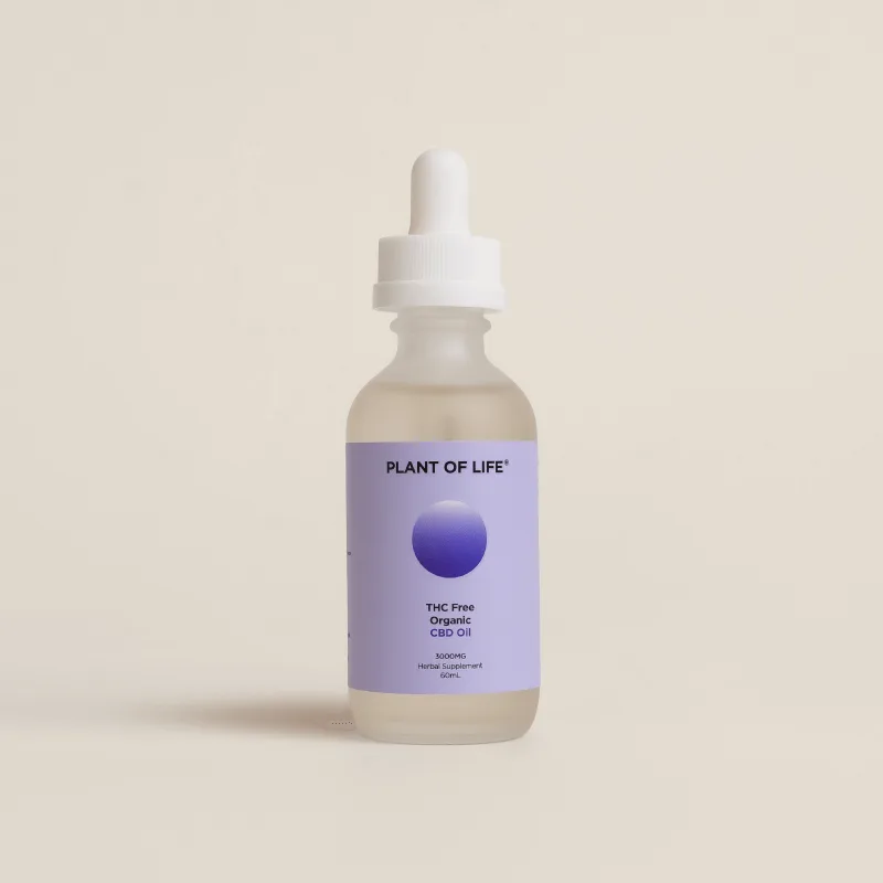 Frosted glass dropper bottle labeled “Plant of Life” THC-Free Organic CBD Oil 3000mg with a soft lavender and white minimalist design.