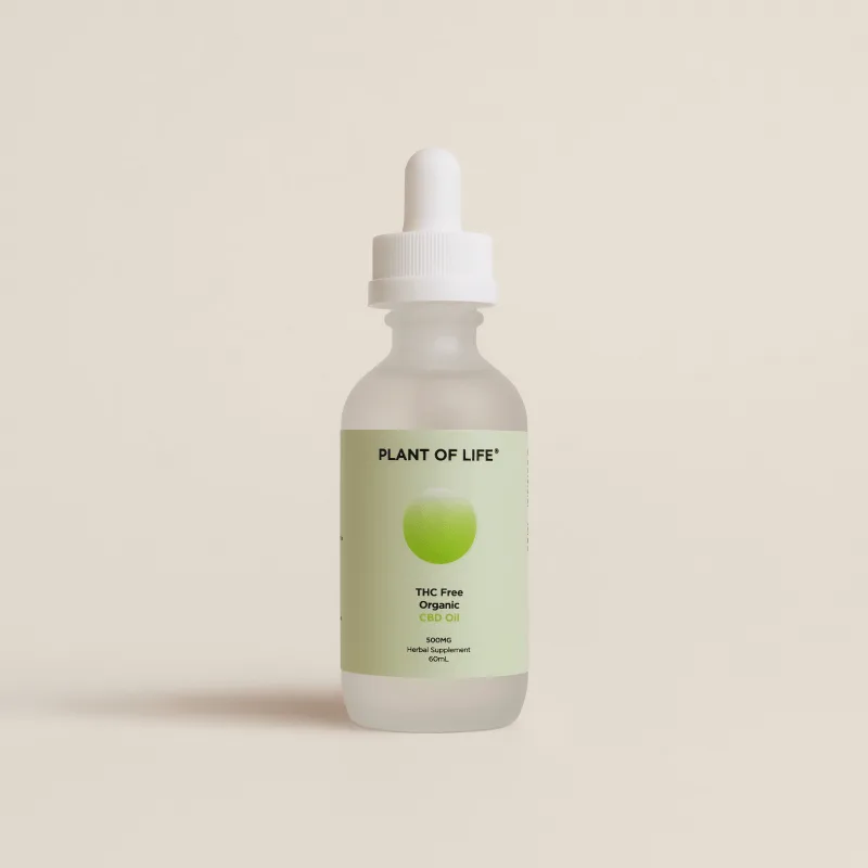 Frosted glass dropper bottle labeled “Plant of Life” THC-Free Organic CBD Oil with green circle design on a white background