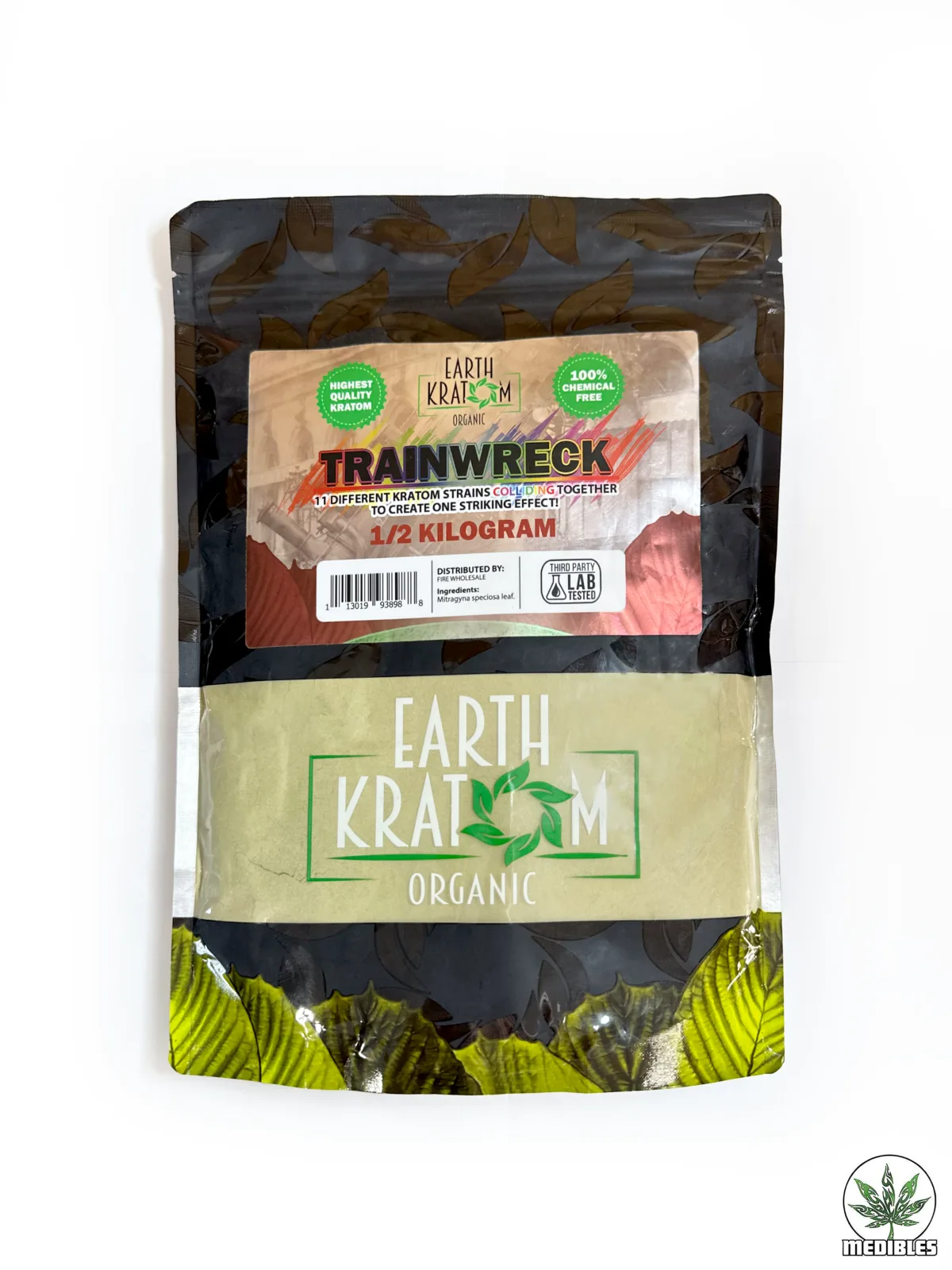 Clear resealable pouch of Earth Kratom Organics Trainwreck 1/2 kilogram kratom powder featuring green and red label with lab-tested and organic certification.