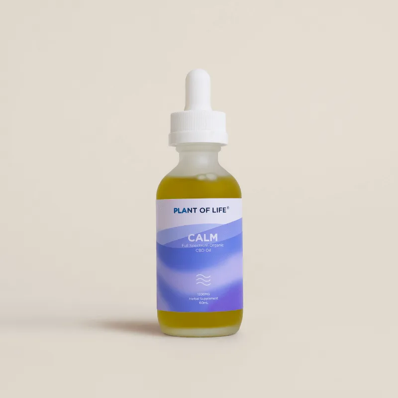 Glass dropper bottle labeled “Plant of Life Calm” CBD oil with gradient blue label, standing upright on neutral background.