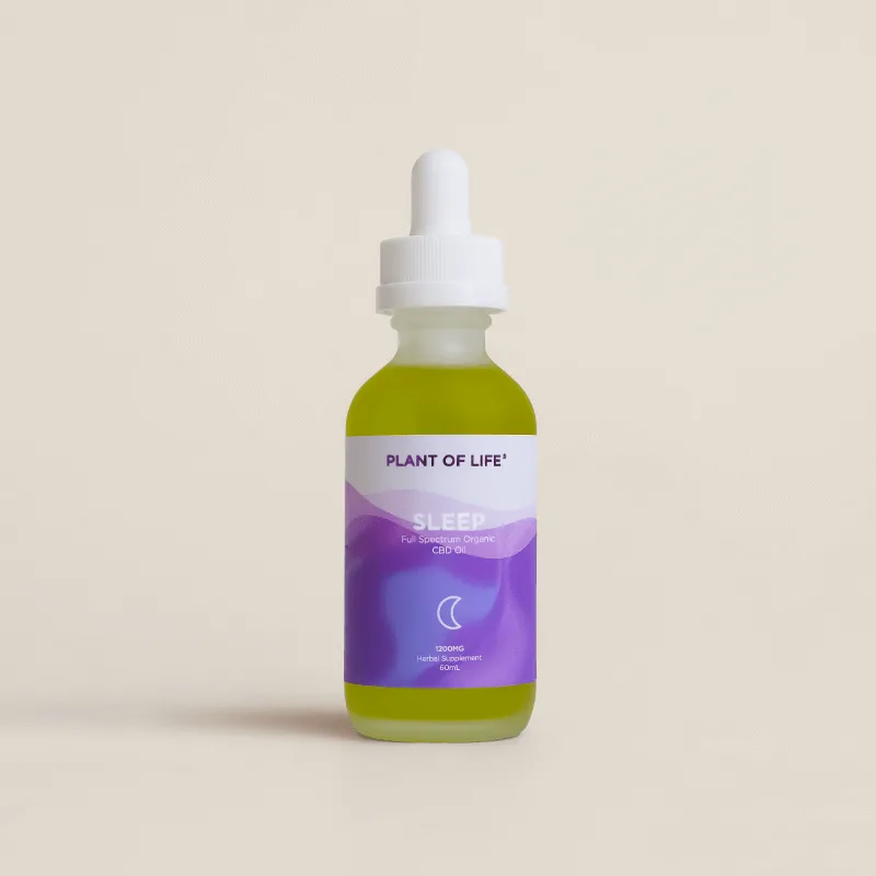 Purple-labeled bottle of Plant of Life Full Spectrum CBD Oil for Sleep with dropper cap on neutral background