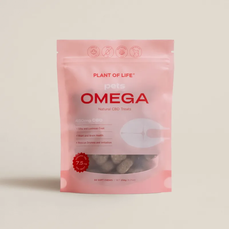 Front view of Plant of Life Omega CBD pet treats pouch in pink packaging labeled “Natural CBD Treats for Pets – 7.5mg per chew.”