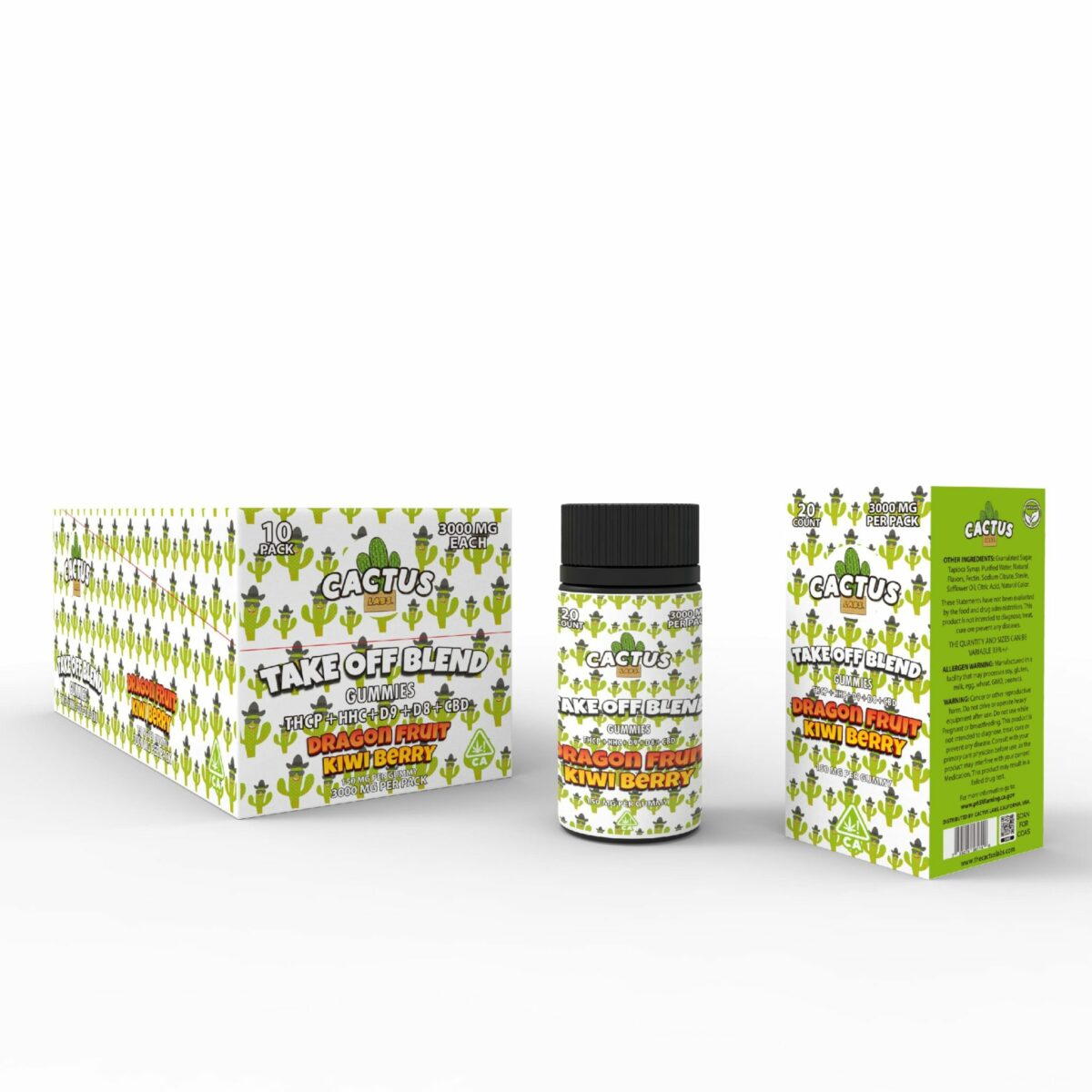 Cactus Labs Take Off Blend THC-P + HHC-P + Delta 8 Gummies – Dragon Fruit Kiwi Berry Flavor 2000mg Bottle and Display Box