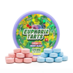 Euphoria Tarts Cherry & Berry Blast – 125mg Indica THC Edibles in Purple Tin with Pink and Blue Tablets | Mohawk Medibles