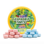Euphoria Tarts Cherry & Berry Blast – 125mg THC Sativa Vegan Edibles in Yellow Tin with Pink and Blue Tablets | Mohawk Medibles